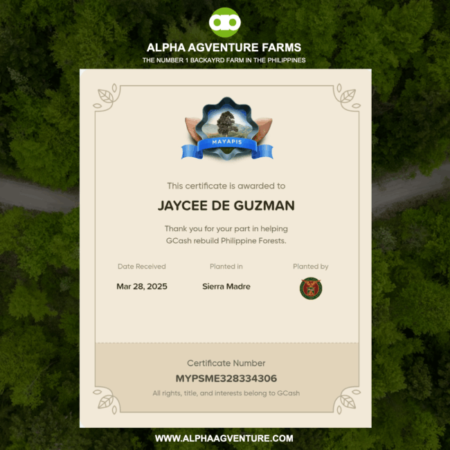 Alpha Agventure Farms Plants Third Tree through GCash's GForest Program